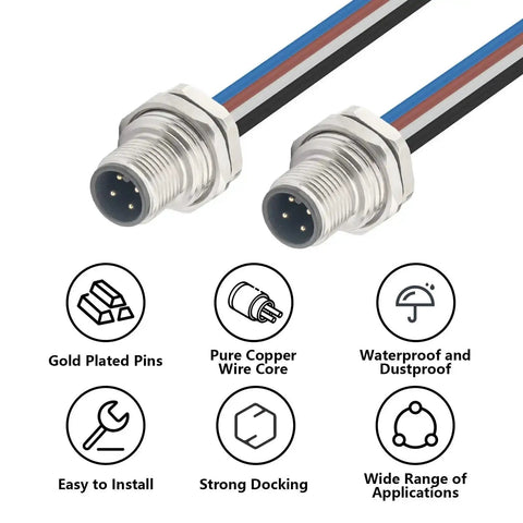 M12 4 Pin A Coded Male Aviation Connector Cable 0.7 Ft Waterproof Industrial Bulkhead Panel Mount with features icons for control cabinets