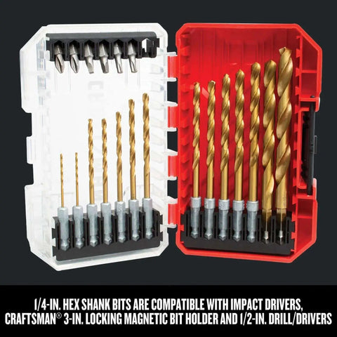Titanium Nitride Coated 21 Piece Drill Bit And Screwdriver Set For Wood Metal And Plastic With One Quarter Inch Hex Shanks
