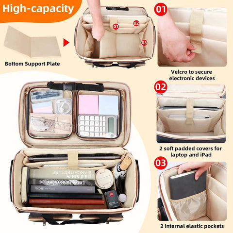 Inside view of Detachable Trolley Rolling Teacher Tote Bag With Padded Laptop Compartment showing organized compartments and pockets