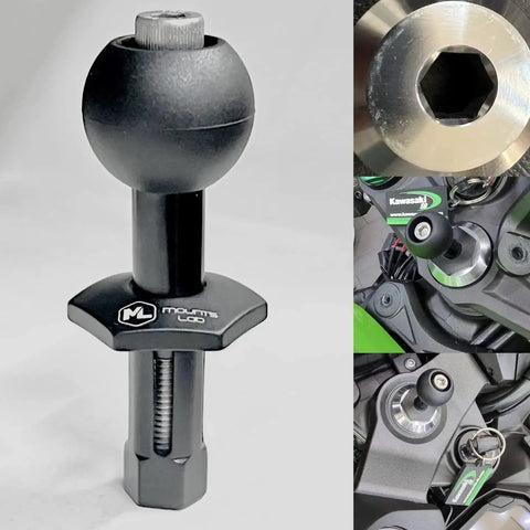 Moto Mount Ninja 12mm Hex Fork Stem Base With 1 Inch TPU Ball Adapter for Phone Camera GPS Mounts, installed on motorcycle