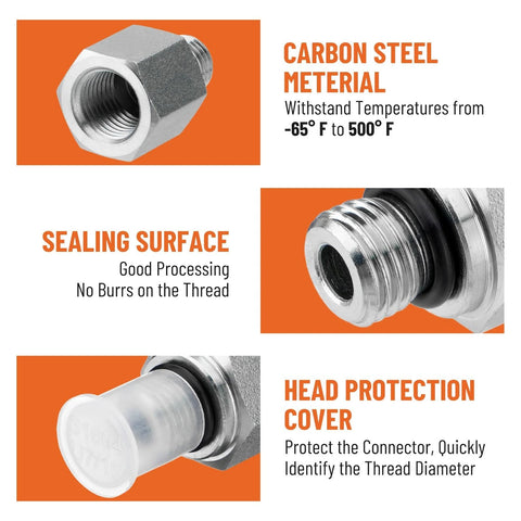 Heavy Duty Hydraulic Adapter Fittings Set Ten Pack Built Tough For High Pressure SAE ORB To One Quarter Inch NPTF Female Straight Tube Connectors With Protection Cover Premium Carbon Steel Zinc Plated For Corrosion Resistance Compatible With Parker 0502 with detailed features.