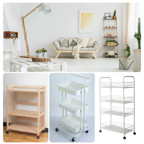 Swivel Caster Set One Point Five Inch Grip Neck White Plastic Casters With Brakes visible on furniture and storage carts.