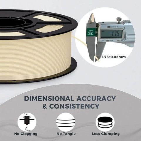 Matte Beige PLA Filament 1.75mm For Bambu Lab Printers Tan Skin Tone Spool 1kg 2.2lb with dimensional accuracy illustration.