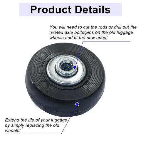 Close-up of 45x18mm luggage replacement wheel, rubber swivel caster with ball bearings for suitcase repair shown with installation details.