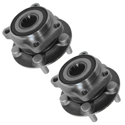 Front Wheel Bearing And Hub Assembly Set For Subaru Outback, Forester, Legacy, And XV Crosstrek Left And Right Two Piece Bolt-On Drop-In Direct Fit Kit For 2005 To 2014 Models, featuring two metal hubs.