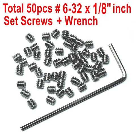 Super Handy 50 Pack 6-32 X 1/8 Inch Stainless Steel Allen Head Set Screws With 1/16 Inch Allen Wrench 304 Stainless Hex Socket Grub Screws For Machinery And DIY Projects By ZDingTech displayed with wrench