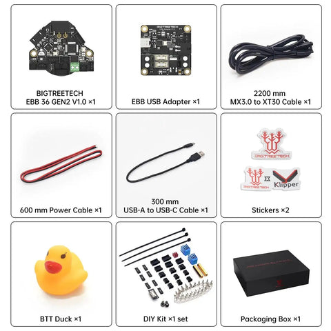 Components of 36 Gen2 Extruder Breakout Board With CAN And USB for Nema 14 36mm motors, including adapters, cables, and DIY kit.