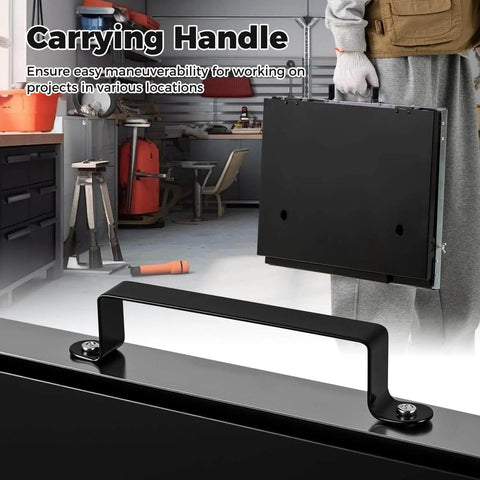 Folding Welding Table With Carry Handle Pro Grade Build, 17 By 20 Inch Portable Galvanized Metal Work Table with handle close-up