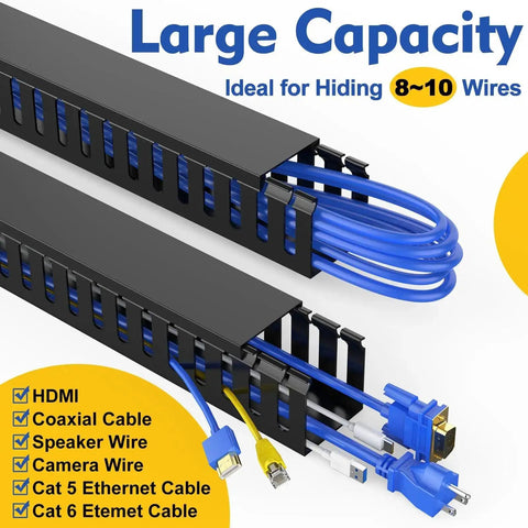 Under Desk Cable Management Raceways Kit, Two-Piece Open Slot Duct For Hiding Wires, 30.8 Inch Total Length, Black, showing large capacity.