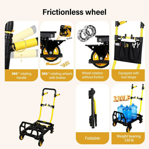 Heavy Duty Two In One Folding Hand Truck Dolly with retractable handle, 330 lb capacity, features foldable design and smooth rubber wheels.