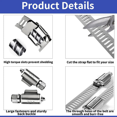 304 Stainless Steel Hose Clamp Kit With 33 Foot Metal Strap, showcasing high torque slots, large fasteners, and smooth belt holes.
