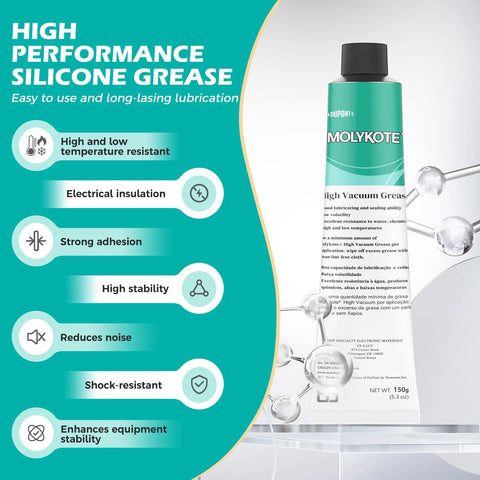 Molykote High Vacuum Grease bottle, 150 g, green container with black cap; silicone lubricant for vacuum systems and O-rings
