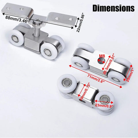 Two Piece Four Wheel Stainless Steel Sliding Door Hanging Wheel Set For Halls Kitchens Cabinets And Wardrobes Nylon Wheel 23mm Diameter And 71 By 25 Millimeter Wheel Size Easy Installation And Smooth Operation Durable Replacement, with visible size dimensions.