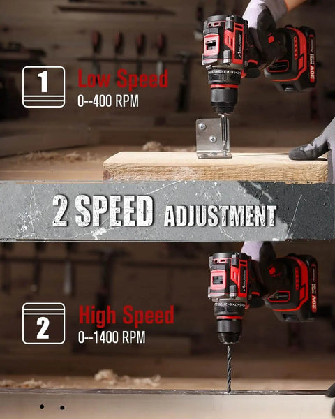 Brushless 20V Cordless Drill Driver Kit With 2.0Ah Battery And Charger demonstrating dual speed settings on wood