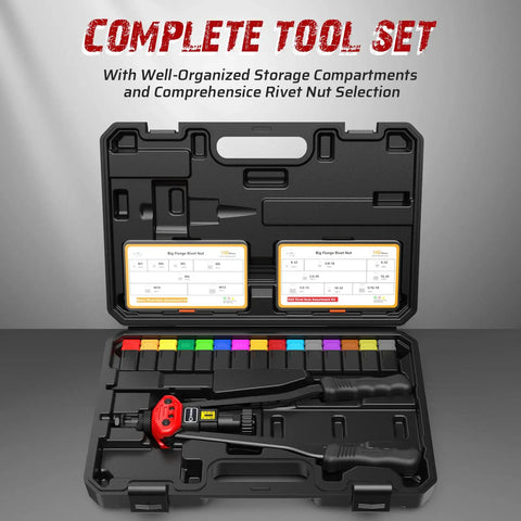 Stroke Setting Rivet Nut Gun 16 Inch With Metric and SAE Mandrels plus 200 Rivet Nuts in Blow Mold Case for Precise Stroke
