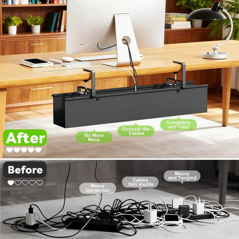 Under Desk Cable Management Tray No Drill Install, 36 Inch Fabric Cord Organizer in use on wooden desk, before and after setup.