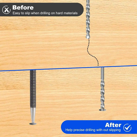 Diagram showing benefits of using Pro Grade 4 Piece Center Punch Set Hardened Steel for precise drilling on wood.