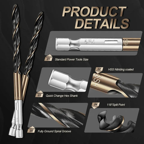 Detailed view of 13pcs Hex Shank Drill Bit Set, Professional HSS Nitriding Twist Drill Bits, Upgrade Black and Gold Coated Drill Bit