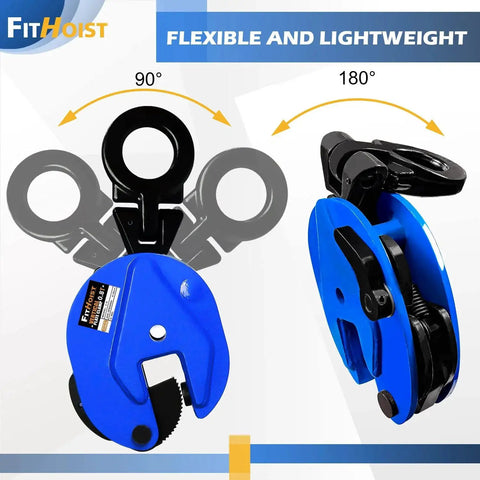 Heavy Duty Vertical Plate Clamp 0.8 Ton Load For Lifting And Transporting, front and side view, blue with flexible angles