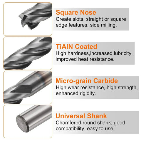 Image showing features of Carbide Square Nose End Mill Bit For Hardened Steel 11 64th Inch Cut Diameter 4 Flutes TiAlN Coated Milling Cutter