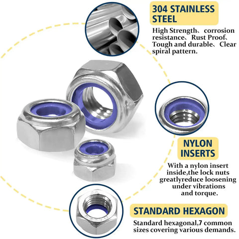 Close-up of Nylon Insert Lock Nut Set, 140Pcs Metric Lock Nuts M3 M4 M5 M6 M8 M10 M12 Anti Loosening in 304 Stainless Steel