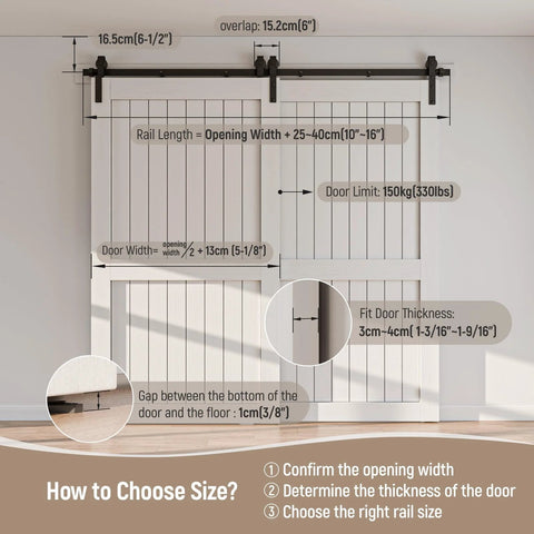 Diagram of Bypass Sliding Barn Door Hardware Kit, Single Track System, Carbon Steel, Frosted Black Finish, Easy Install, Heavy Duty