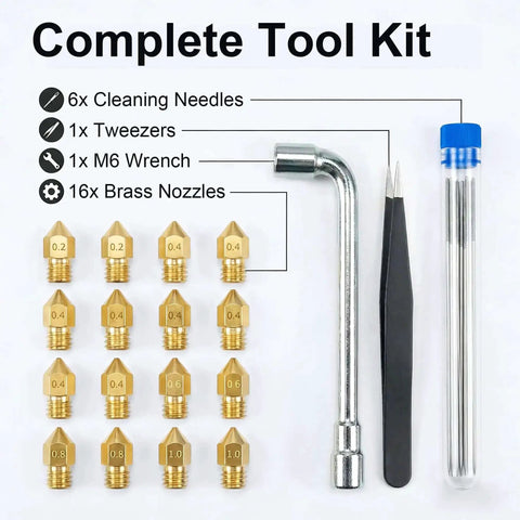 All In One 3D Printer Nozzle Kit With 16 MK8 Brass Nozzles 0.2mm 0.4mm 0.6mm 0.8mm And 1.0mm Plus Wrench Tweezers Cleaning Needles