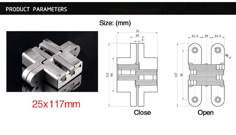 Stainless Steel 304 Hidden Hinge With Silent Close For Doors, Concealed Mount Folding Door Hardware, dimensions 25x117mm