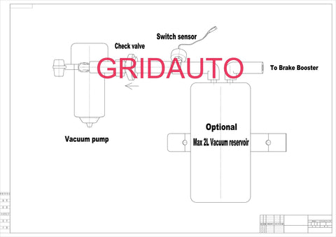 TMaster 12V brake booster vacuum pump kit diagram showing vacuum pump, check valve, switch sensor, 2L reservoir