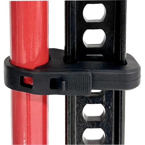 Black silicone Jack Handle Keeper For Jacks With Secure Latch And Abrasion Resistant Silicone attached to red jack handle