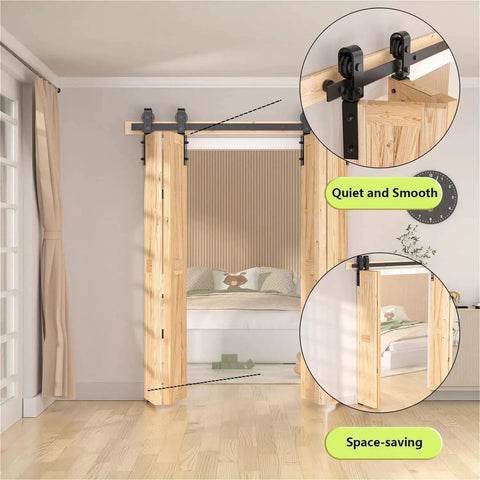 52 Inch Bifold Barn Door Hardware Kit For 4 Bifold Doors Black Finish installed in a room, showcasing folding push-pull system.