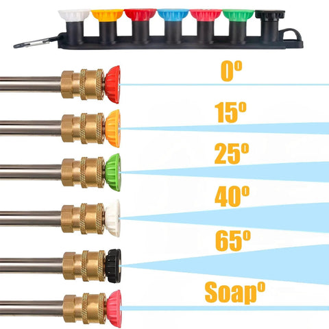 Pressure Washer Nozzle Tips Set Of Seven With Holder One Quarter Inch Quick Connect 4000 PSI Pro Grade Power Washer Tips With 0 Degree 15 Degree 25 Degree 40 Degree 65 Degree Soap Mode And Rinse Mode, Essential Pressure Washer Accessories