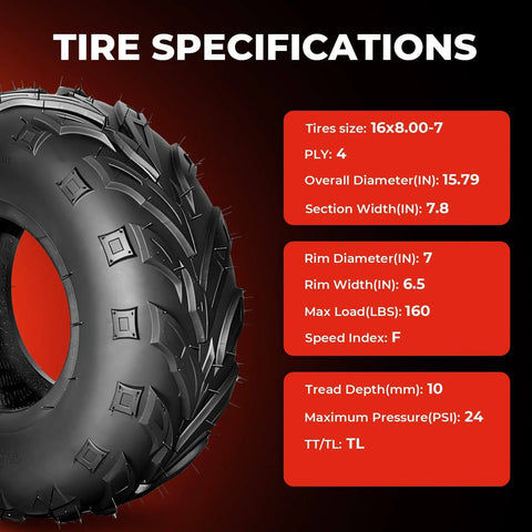 All Terrain Mud ATV UTV Tires 16x8-7 Set Of 2 Tubeless 4 Ply With Directional Tread, tire specifications displayed.