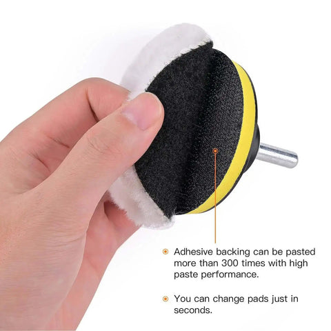 Hand holding 3-inch wool buffing pad with adhesive backer pad and M10 drill adapter from 7 Pcs Pro Grade Wool Buffing Pads For Car Polisher.