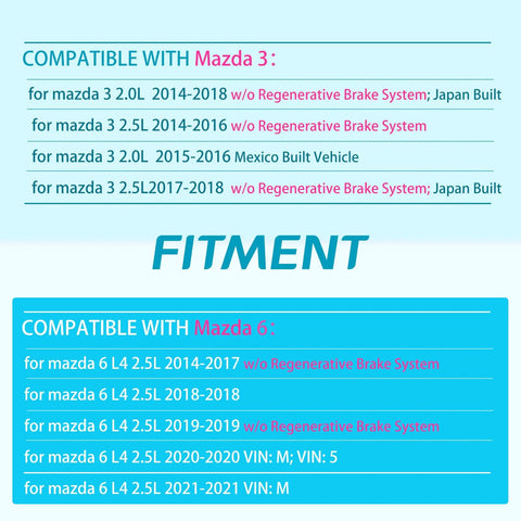 Fitment guide for Mazda 3 2014-2018 and Mazda 6 2014-2021 models, showing compatibility details