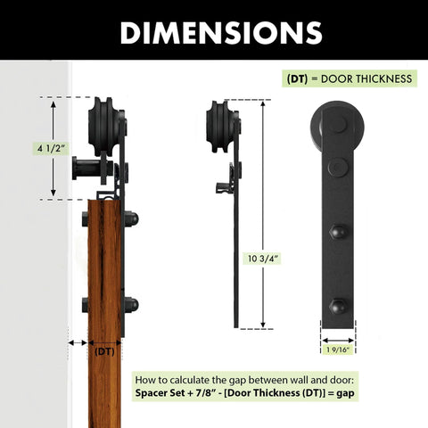 Black Rustic Non Bypass Sliding Barn Door Hardware Kit For Double Doors 7.5 Ft dimensions diagram with straight rollers