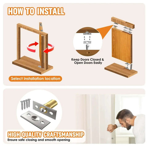 Installation guide for Covert Hidden Door Hinge Heavy Duty Pivot for wood cabinets and bookcases, showing rotation and mounting steps.