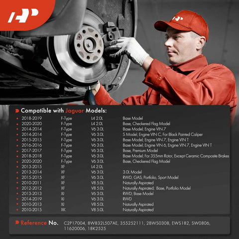 Front view of a mechanic in red uniform inspecting a car's front disc brake rotor and caliper.