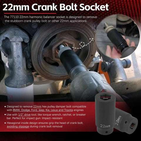 22mm Harmonic Balancer Socket Tool With Deep Counterweighted Design in use on crank bolt for engine maintenance, compatible with multiple car brands.