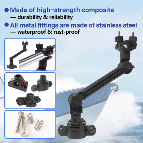Universal Trolling Motor Stabilizer Bracket With Quick Release And Adjustable Support Mount For Electric Tiller Motors in composite and metal.