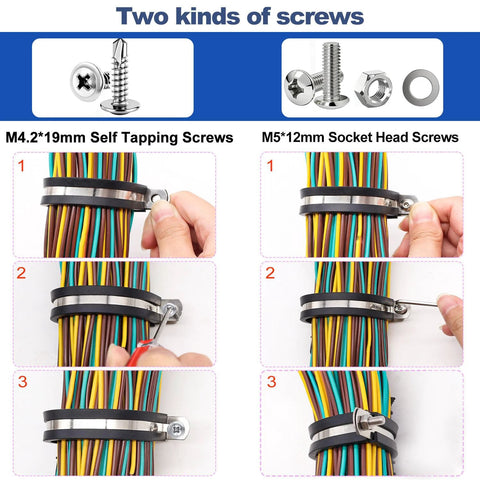 Taiss 222PCS cable clamp kit with 304 stainless steel rubber-cushioned clamps around a wire bundle and two screw types