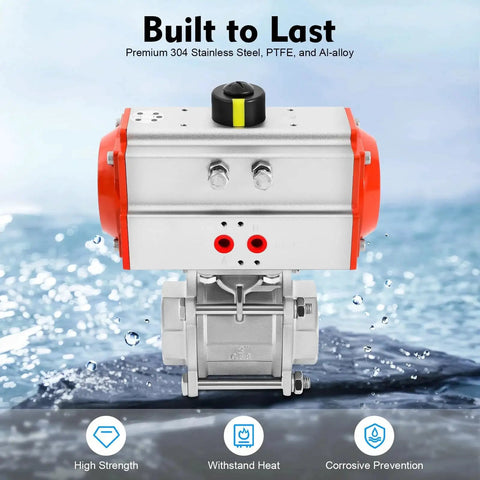 2-inch pneumatic air-actuated ball valve with stainless steel body and red end caps