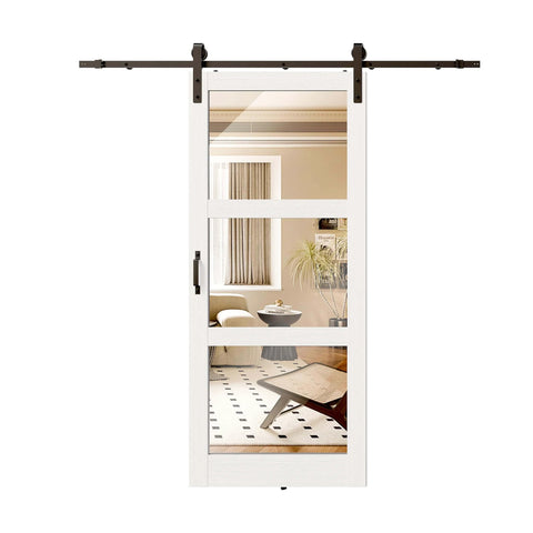 Front view of 30 Inch By 84 Inch Mirrored Barn Door Set With 3 Lite Mirror Panels, 6 Foot Sliding Hardware Kit, Pre Drilled White MDF Double Door Slab