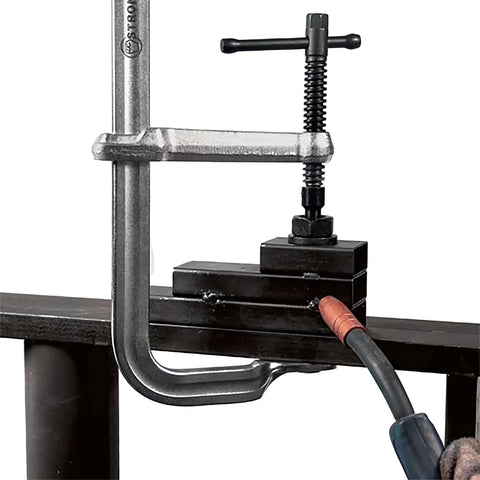 Regular Duty Bar Clamp, 8.5 Inch Capacity, 2400 Lbs Clamping Pressure, 5.5 Inch Throat Depth clamping metal on workbench
