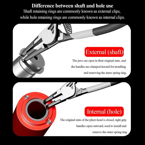 Illustration showing differences between external shaft and internal hole retaining ring use with pliers and components.