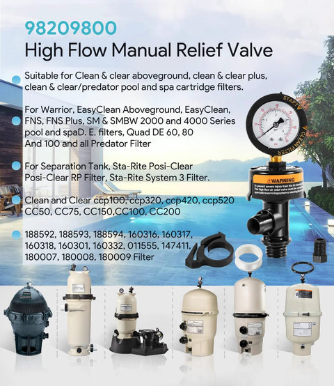 High Flow Manual Relief Valve (model 98209800) with pressure gauge for pool and spa filters.