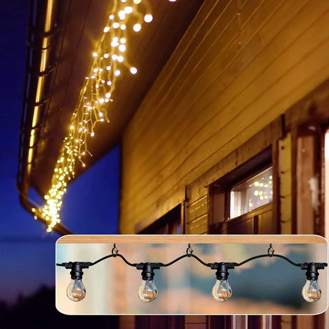 36 Piece Q Hanger Hooks With Safety Buckle For Outdoor String Lights installed along building eaves, showcasing windproof design.