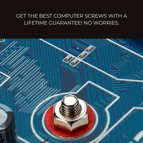 Close-up of a screw and nut from a 502 Piece PC Screw and Hardware Kit for DIY Builds and Upgrades on a motherboard