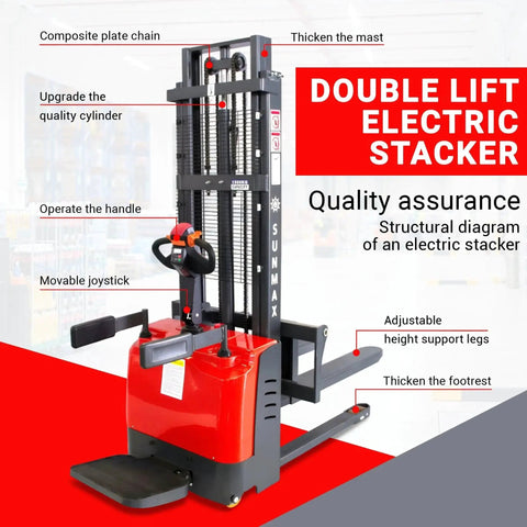 Full electric pallet stacker with red base and black mast; walk-behind design, forks extended and joystick control.