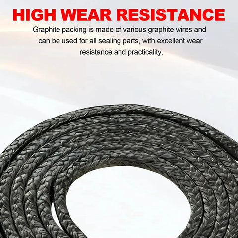 Flexible Graphite Braided Compression Packing Ten Feet Long One Eighth Inch By One Eighth Inch shown coiled, high wear resistance